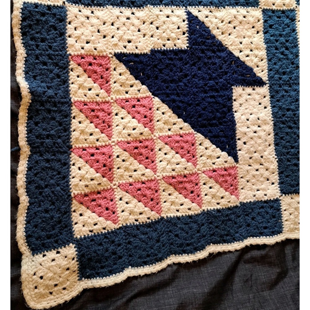 Crocheted Handmade Afghan 60 X 32 Quilt Pattern Blue Pink - Picture 3 of 5